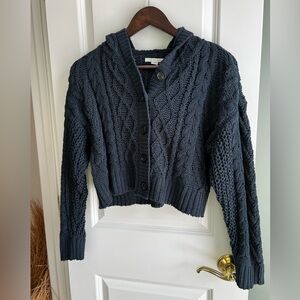 Y2K American Eagle Outfitters Navy Blue Cable Knit Hooded Cardigan Sweater XS